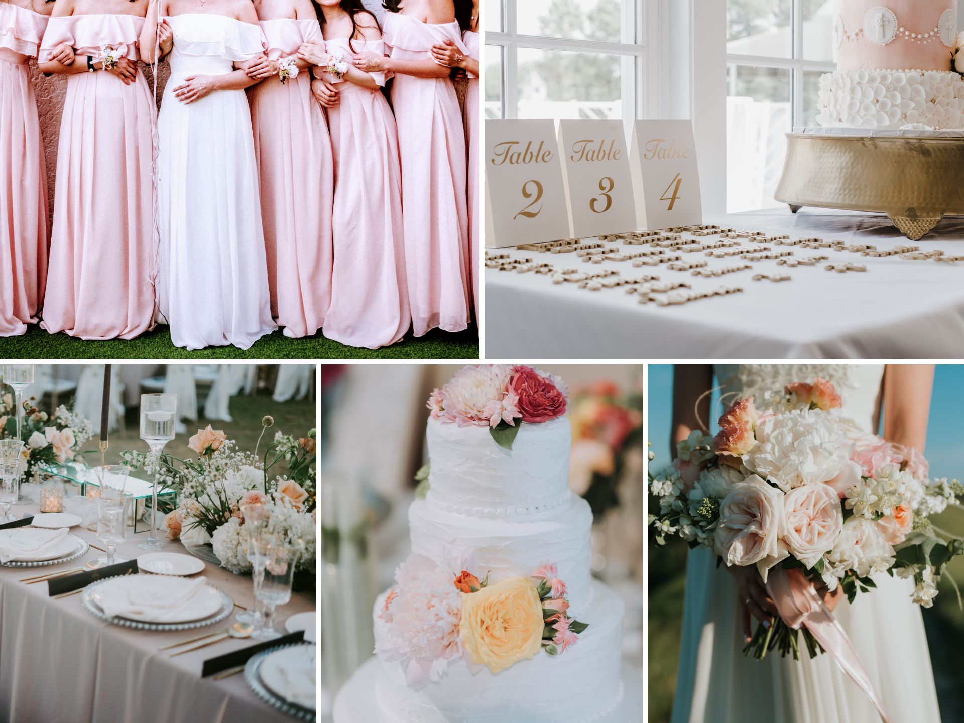 A photo collage with pink wedding color ideas.