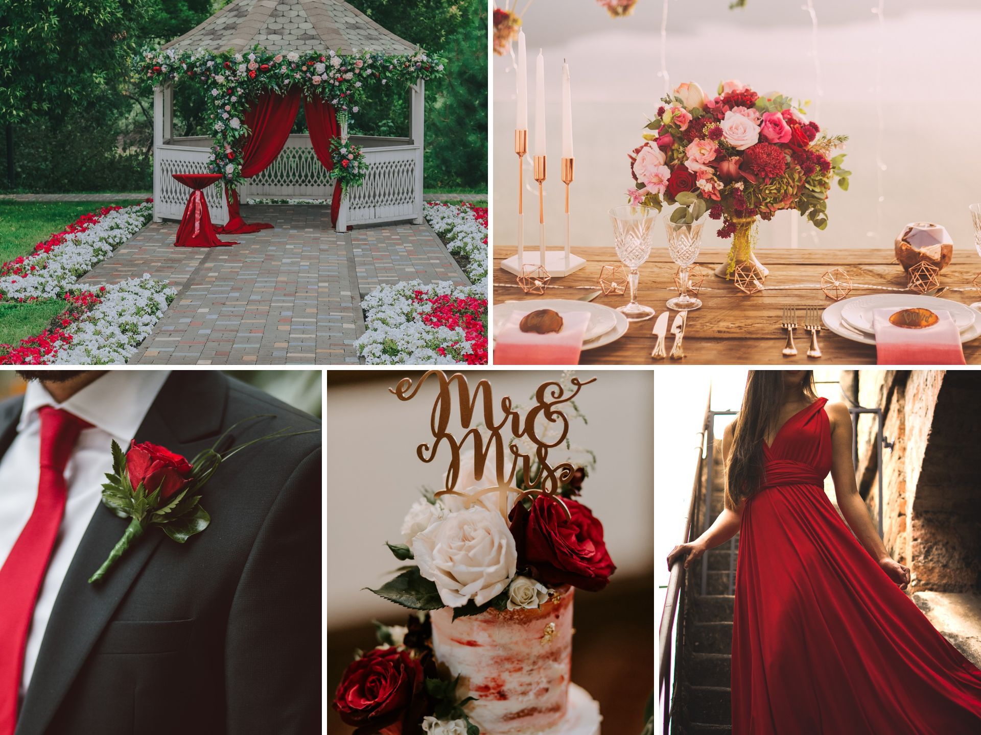 A photo collage with red wedding color ideas.
