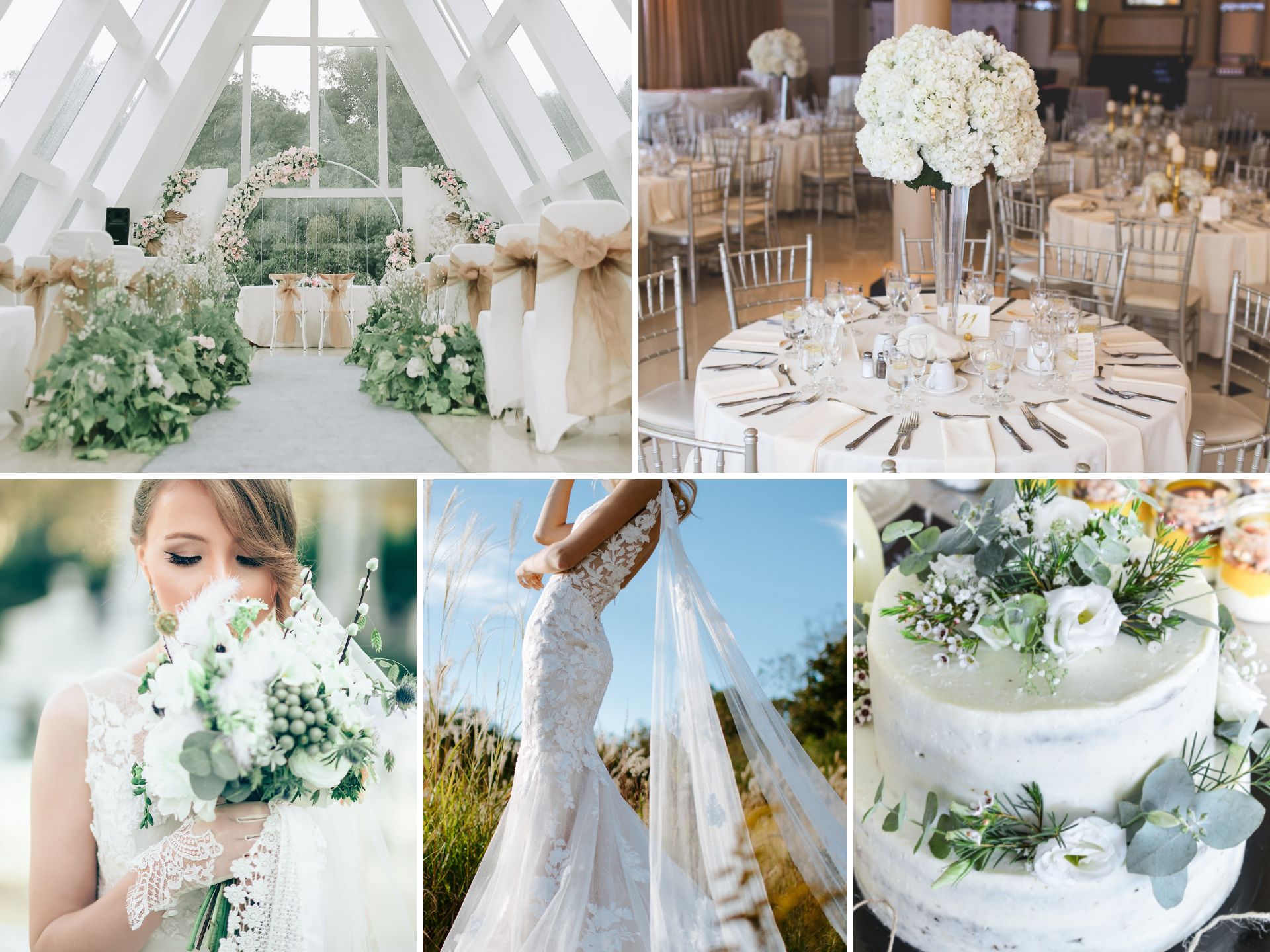 A photo collage with white wedding color ideas.