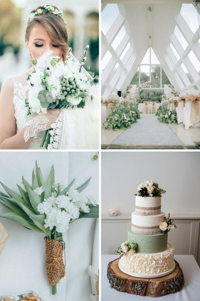 A white and sage green colored wedding cake.