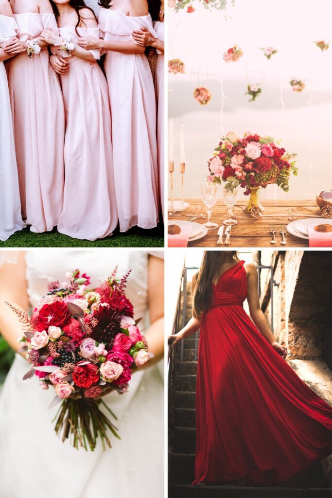 Bridesmaids wearing pink and red dresses.