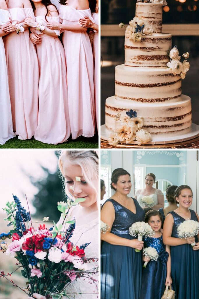 Bridesmaids wearing pink and navy blue dresses.