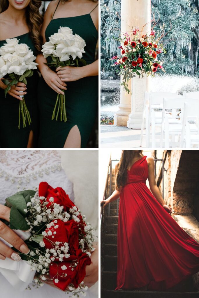 Bridesmaids wearing red and green dresses.