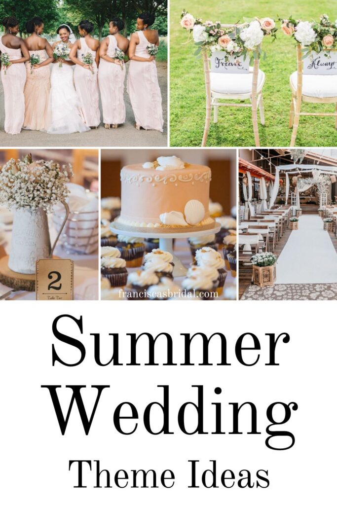 Ideas on your wedding bouquet, bridesmaid dress colors and venue decor when having a beach themed wedding.