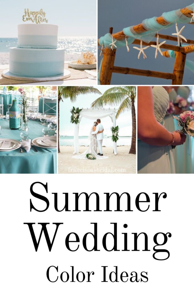 Ideas on your wedding bouquet, bridesmaid dress colors and venue decor when having a summer themed wedding.