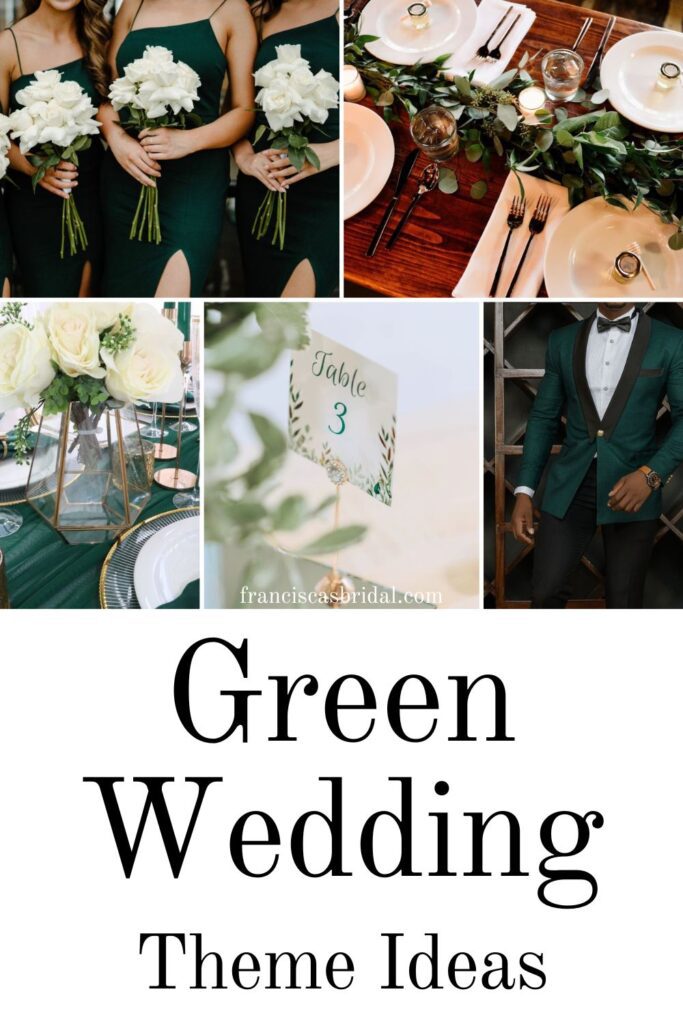 Ideas on your wedding bouquet, bridesmaid dress colors and venue decor when having a forest green themed wedding.