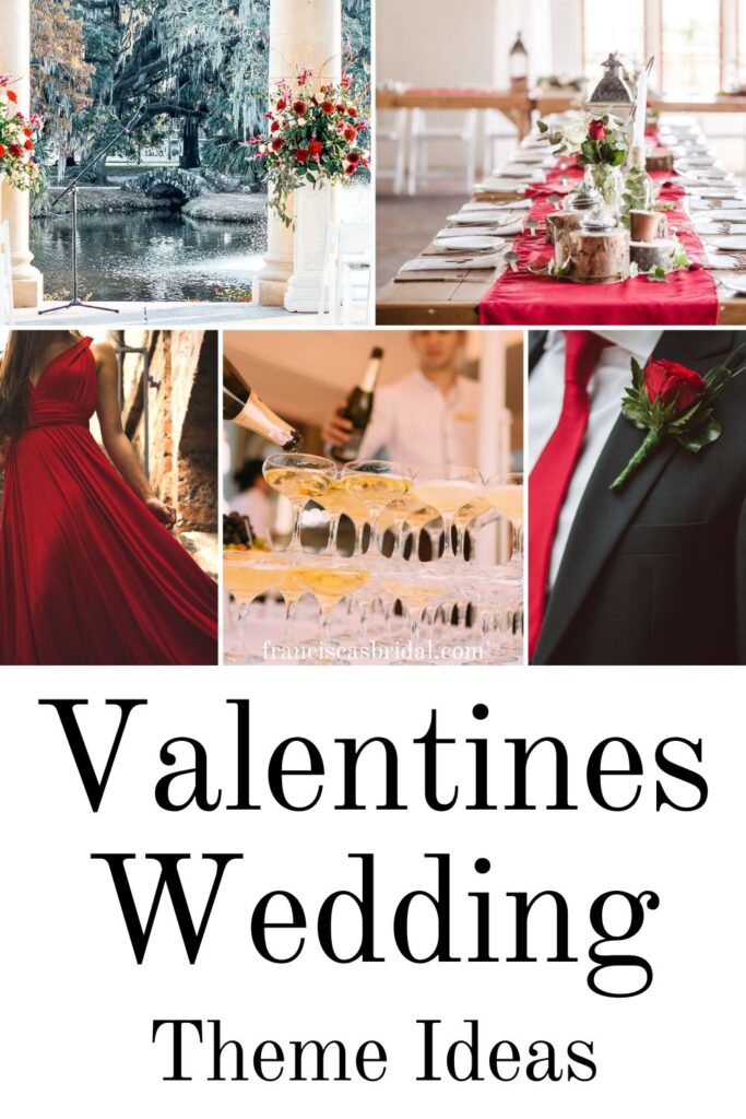 Ideas on your wedding bouquet, bridesmaid dress colors and venue decor when having a Valentine's themed wedding.