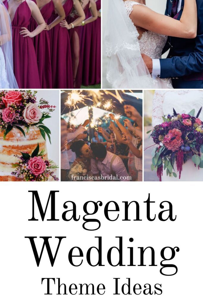 Ideas on your wedding bouquet, bridesmaid dress colors and venue decor when having a magenta and gold wedding.