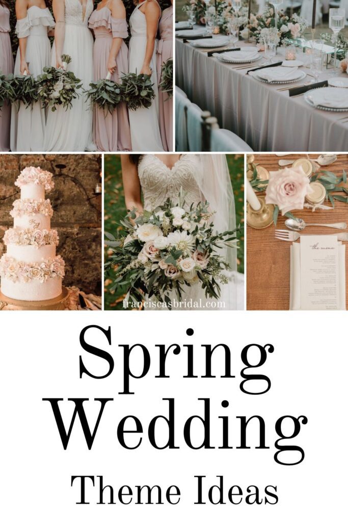 Ideas on your spring wedding bouquet, bridesmaid dress colors and venue decor when having a sage green and pink themed wedding.