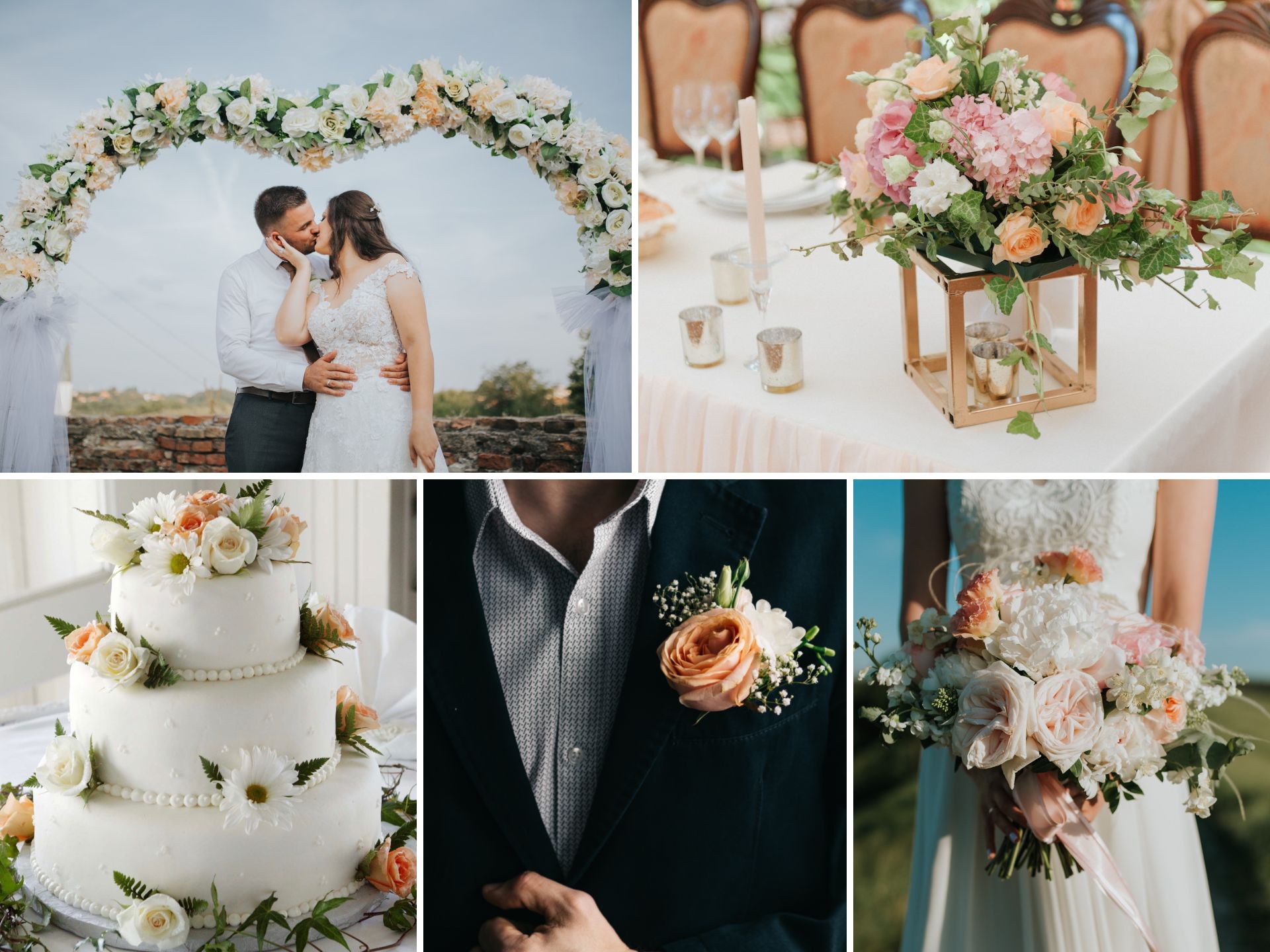 A photo collage with peach wedding color ideas.