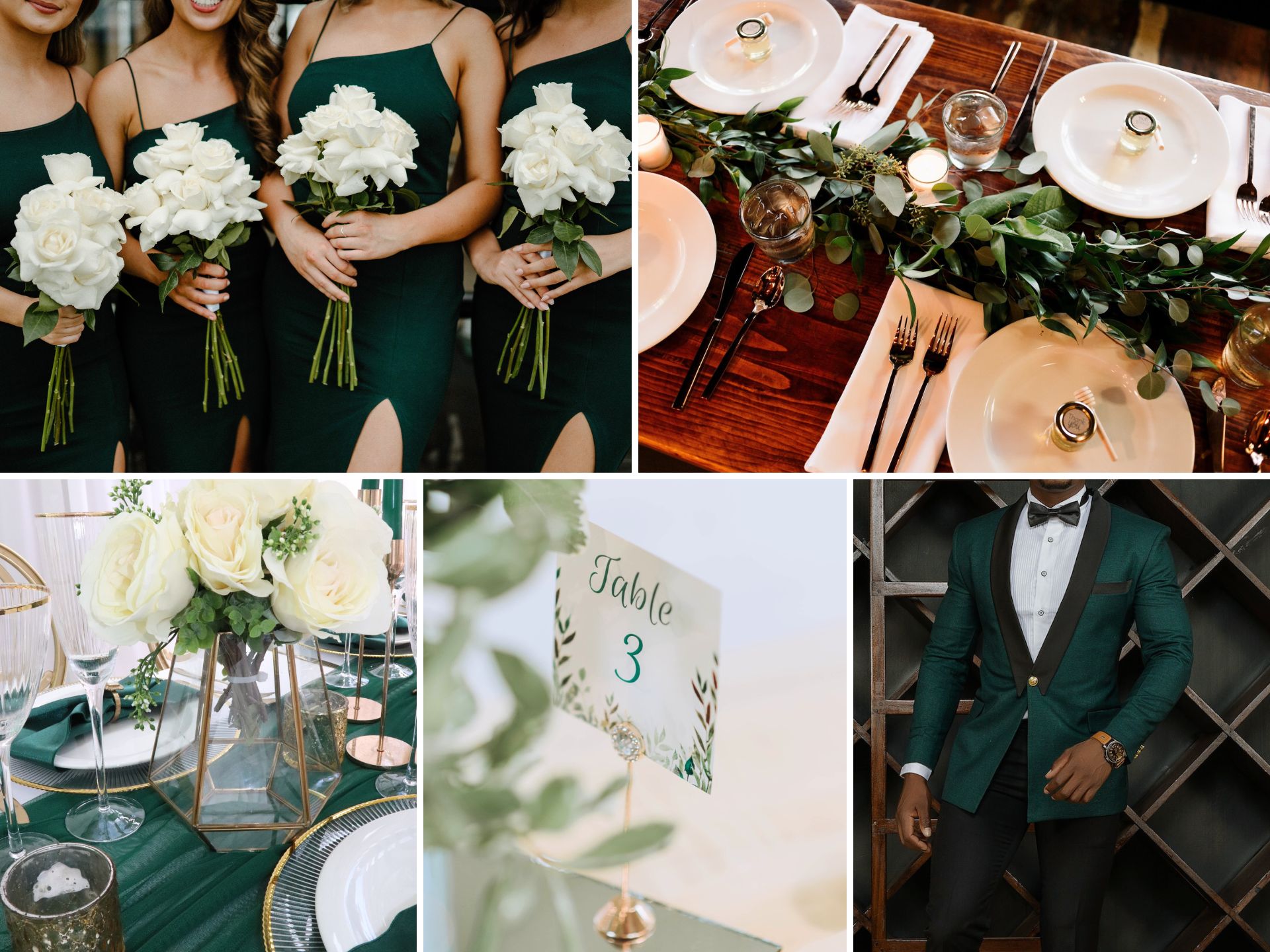 A photo collage with green wedding color ideas.