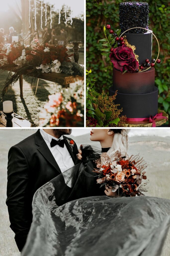 A wedding table with magenta flowers and black candles.