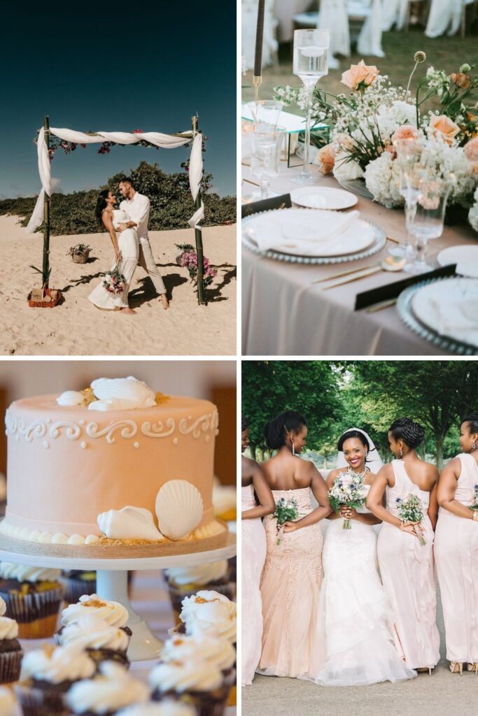 A sand colored wedding cake with seashells on top.