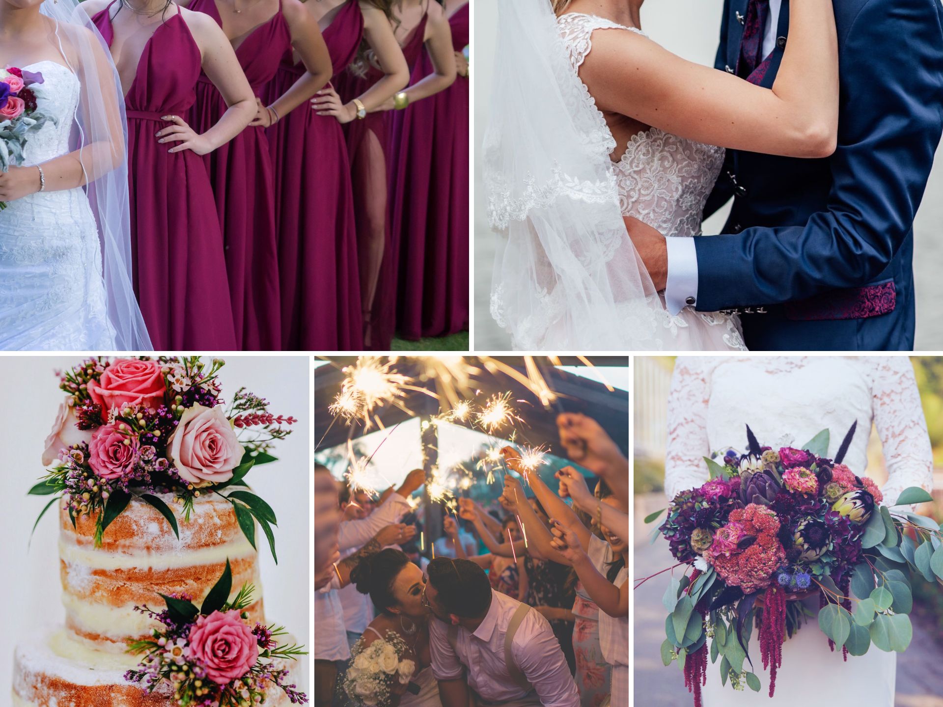 A photo collage with magenta wedding color ideas.