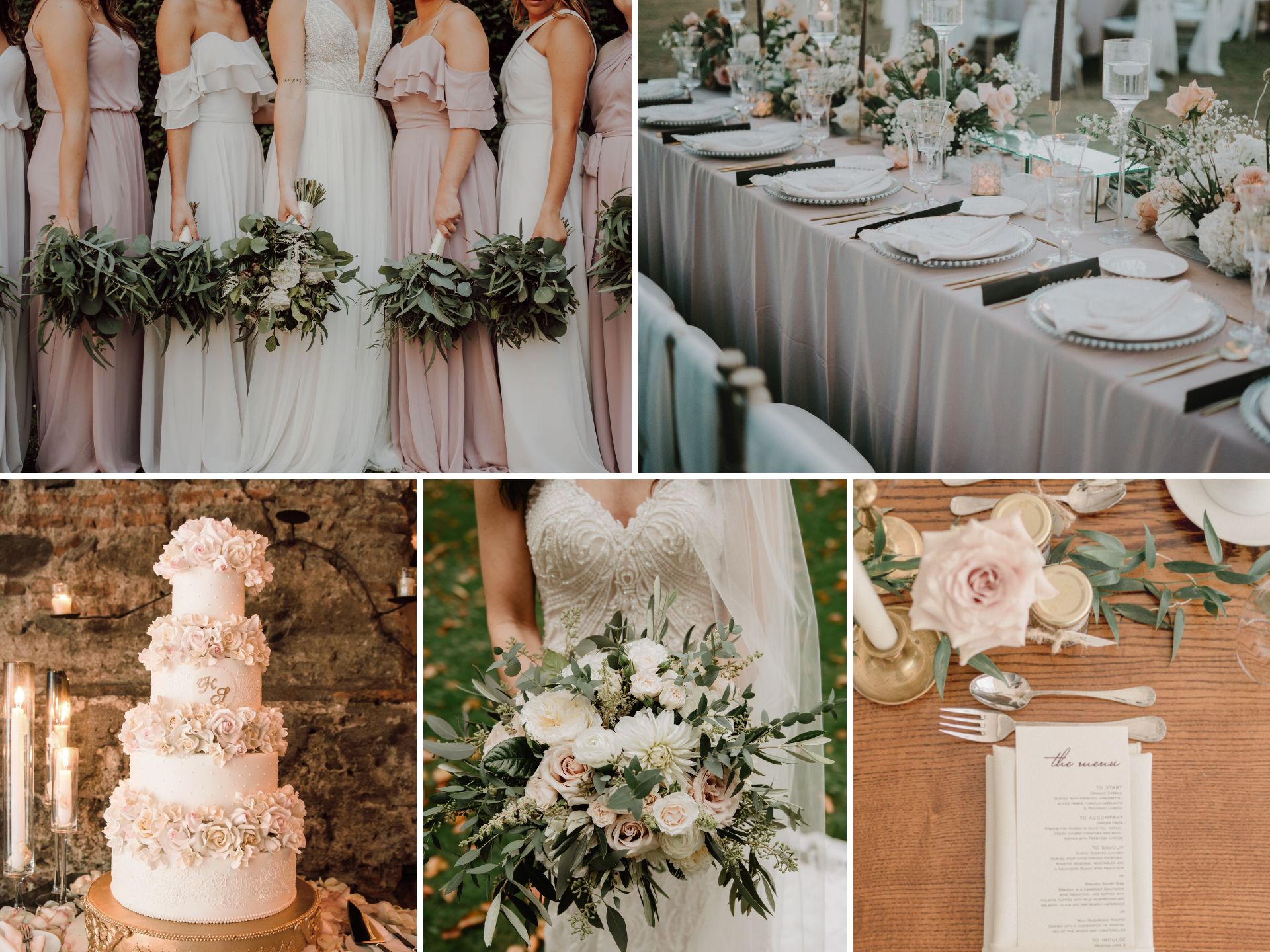 A photo collage with spring wedding color ideas.