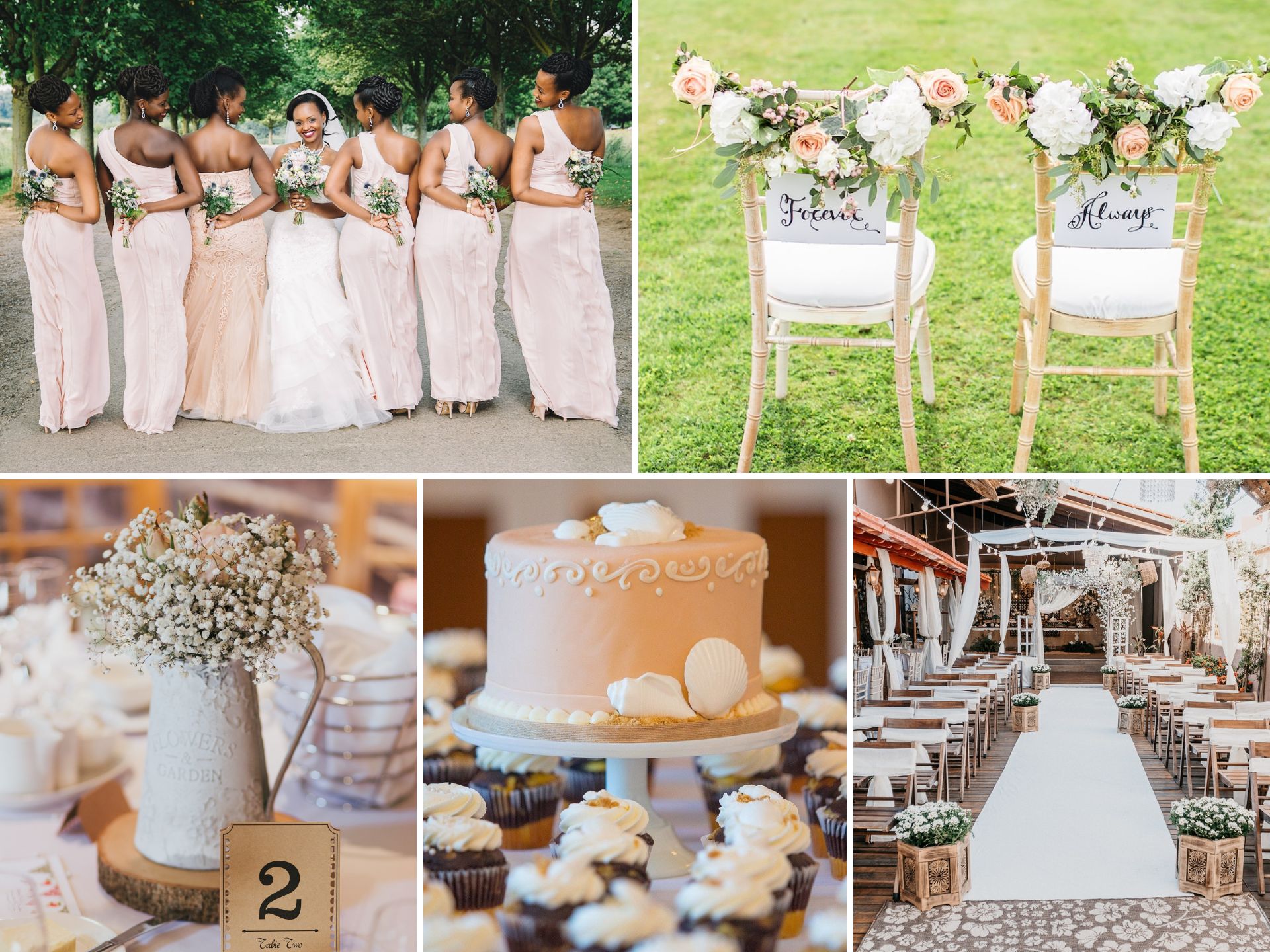 A photo collage with summer wedding color ideas.