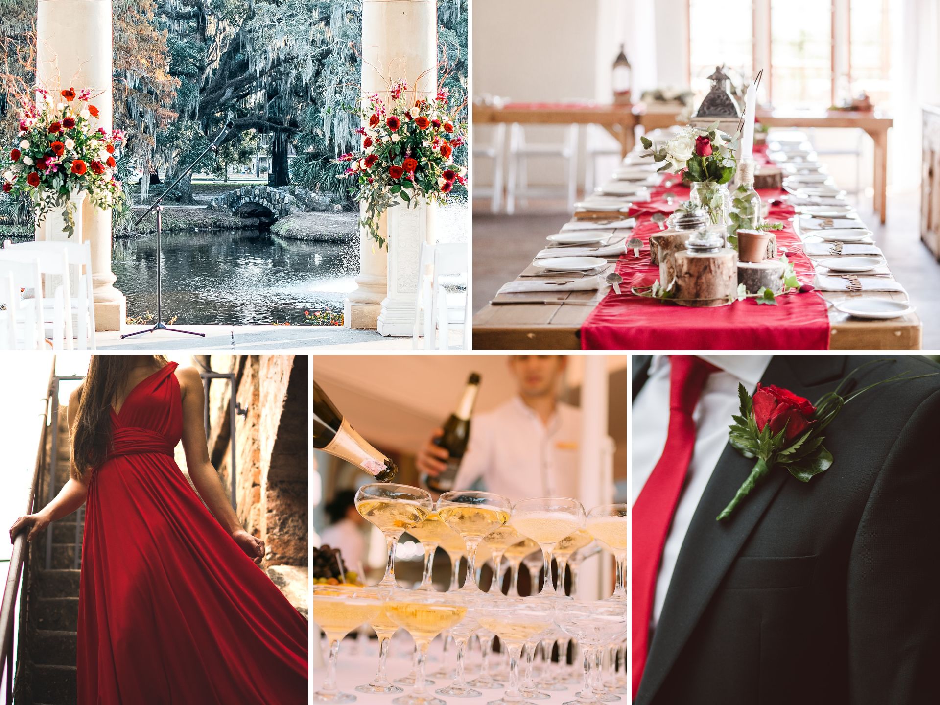 A photo collage with valentine's day wedding color ideas.