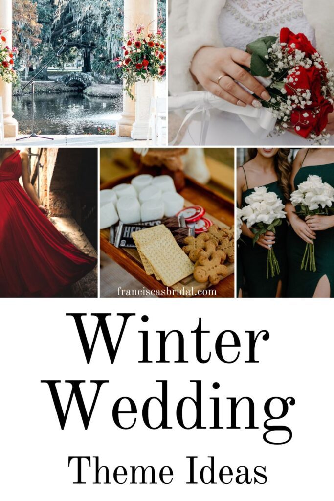 Ideas on your winter wedding bouquet, bridesmaid dress colors and venue decor when having a dark green and red themed wedding.