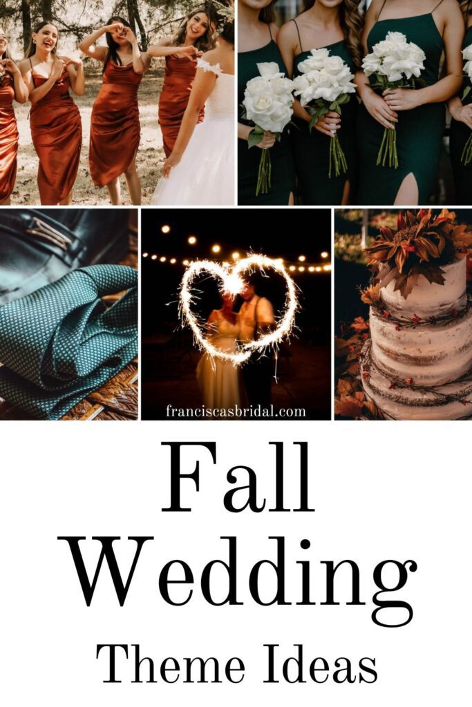 Ideas on your wedding bouquet, bridesmaid dress colors and venue decor when having a rustic fall themed wedding.