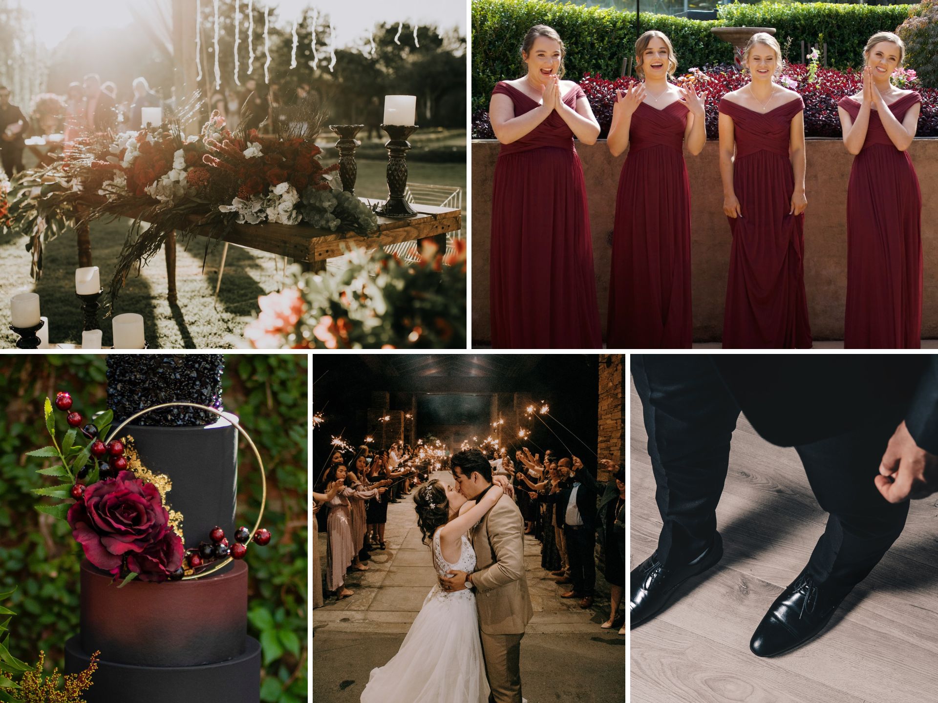 A photo collage with fall wedding color ideas.