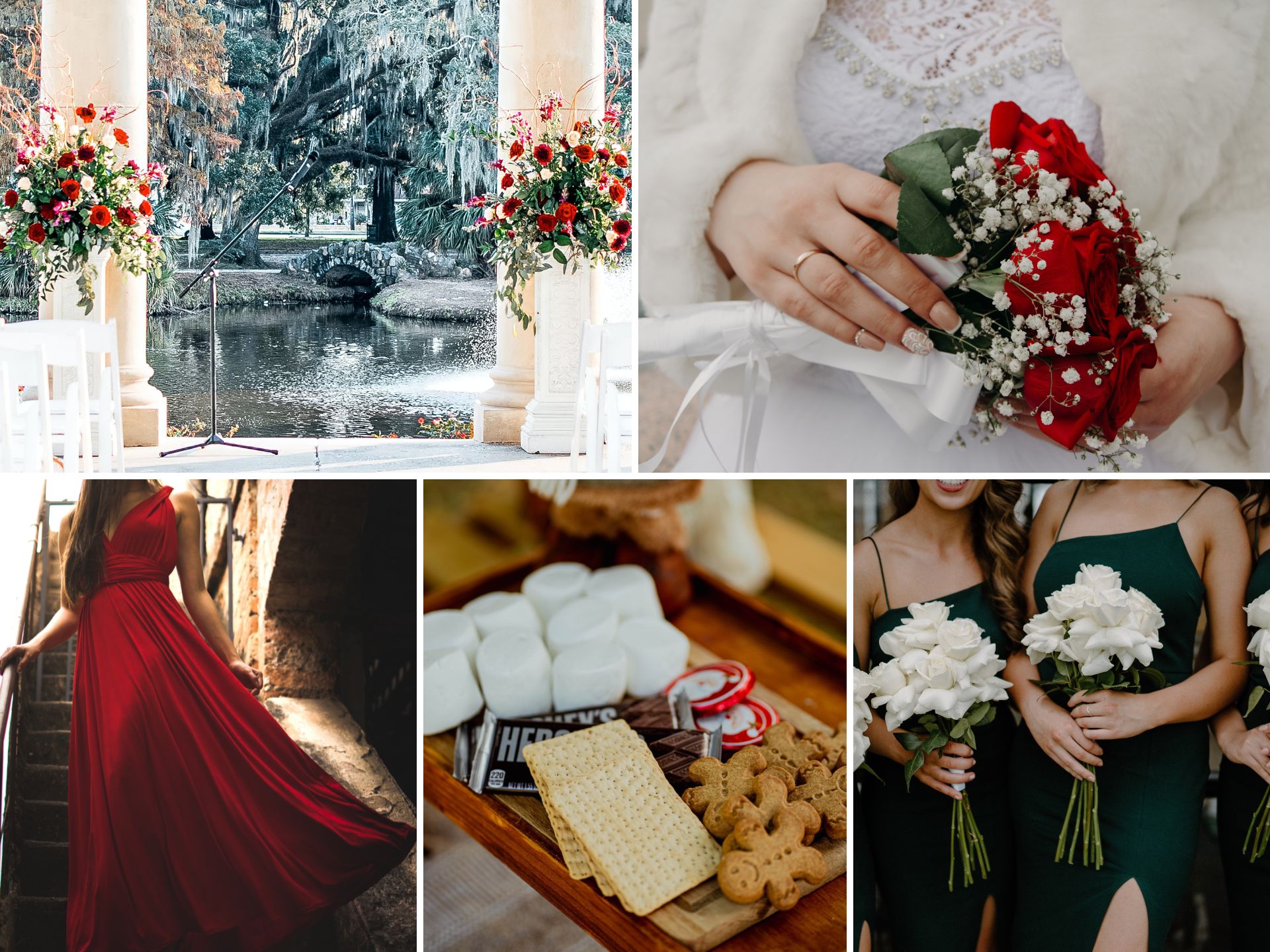 A photo collage with winter wedding color ideas.