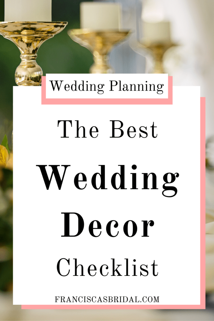 A white wedding table with yellow flowers and gold candles for the centerpieces with text over the photo that says wedding decor checklist.