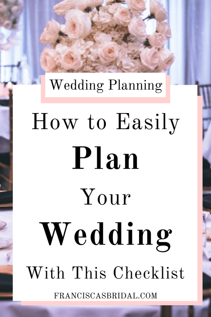 A wedding venue with white tables, pink plates, and flower centerpieces with text best wedding checklist.