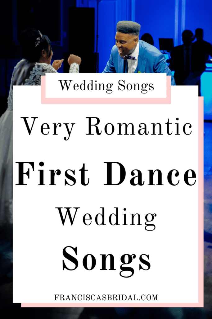 A newly wedded couple dancing their first dance at their wedding venue with text over the photo that says romantic first dance songs.
