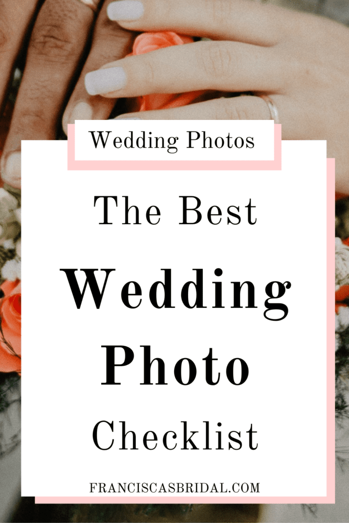 A newly wedded couple holding the brides orange and white flower bouquet with text over the photo that says the best wedding day photo checklist.