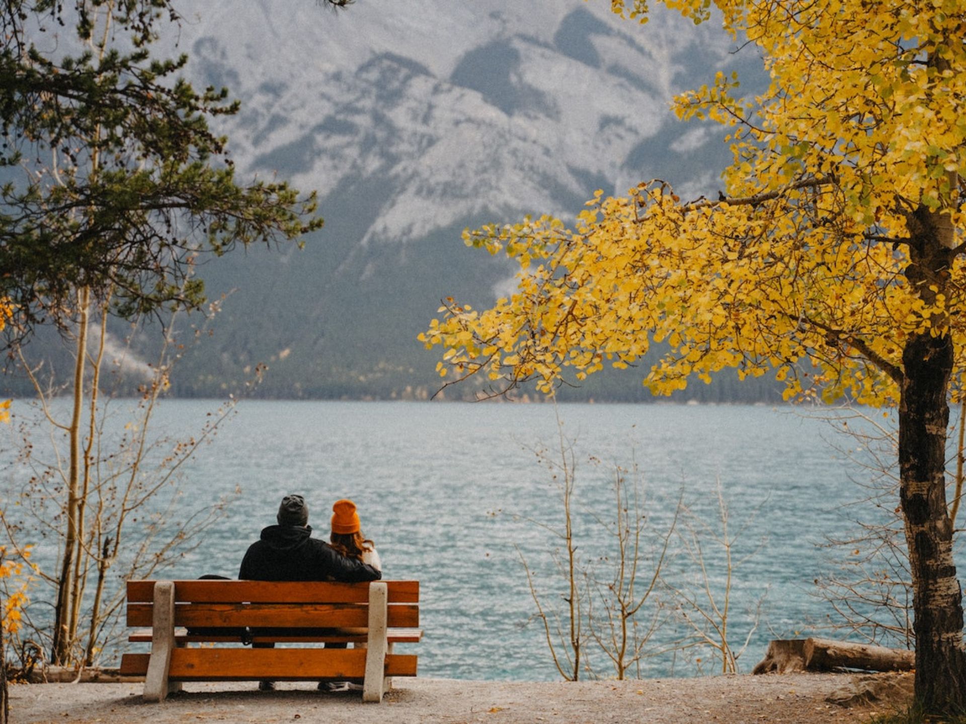 A couple sitting by the lake.