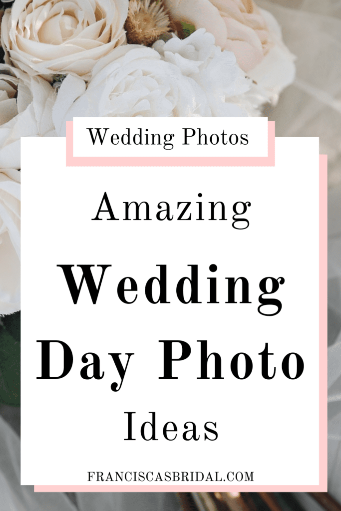 A pale pink and white wedding bouquet with text over the photo that says wedding photo ideas.
