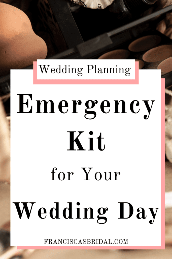 A pale pink and white flower bouquet with silver rhinestoned high heels with text over the photo that says emergency kit for your wedding day.