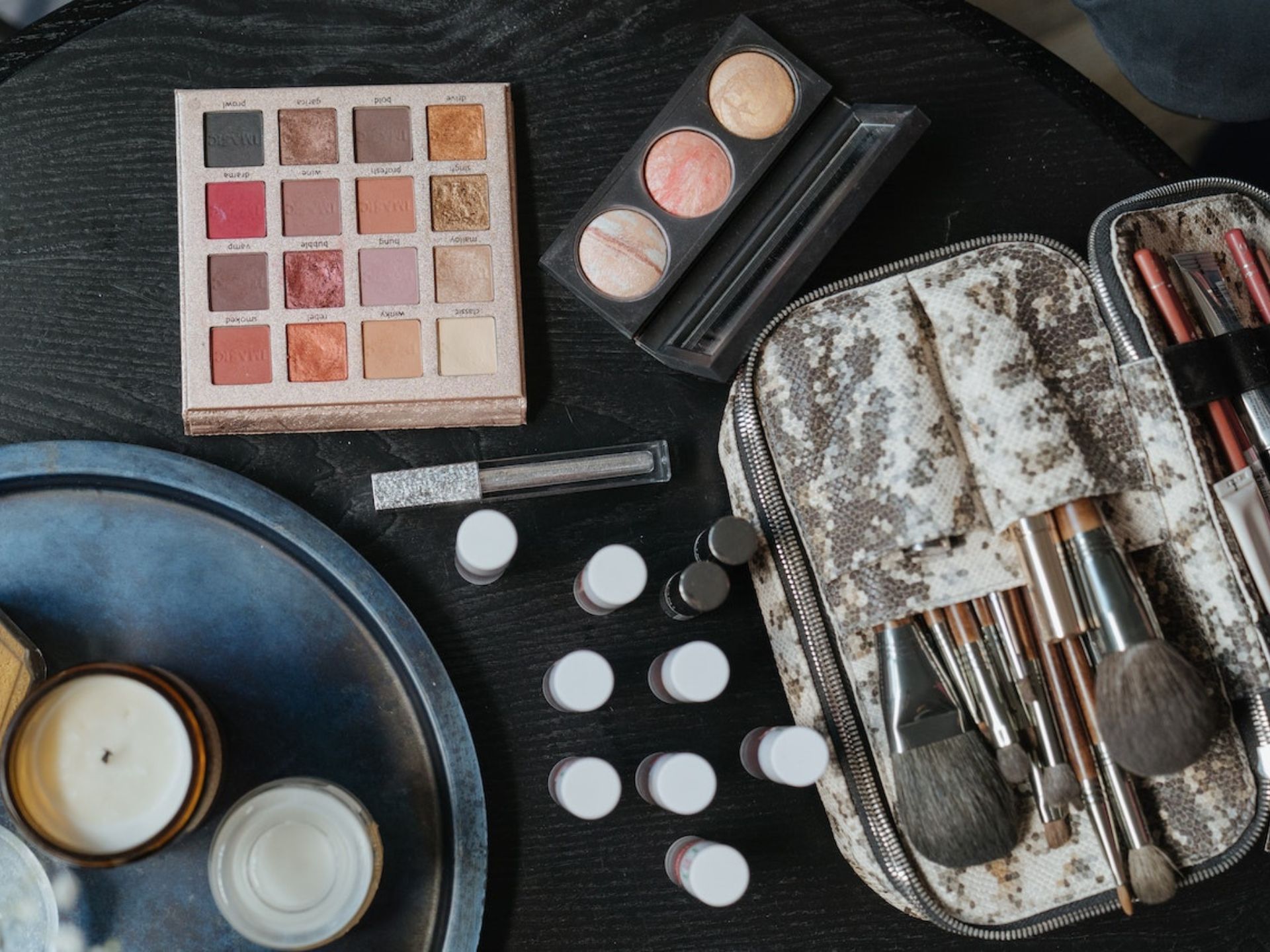 A bag filled with makeup items.