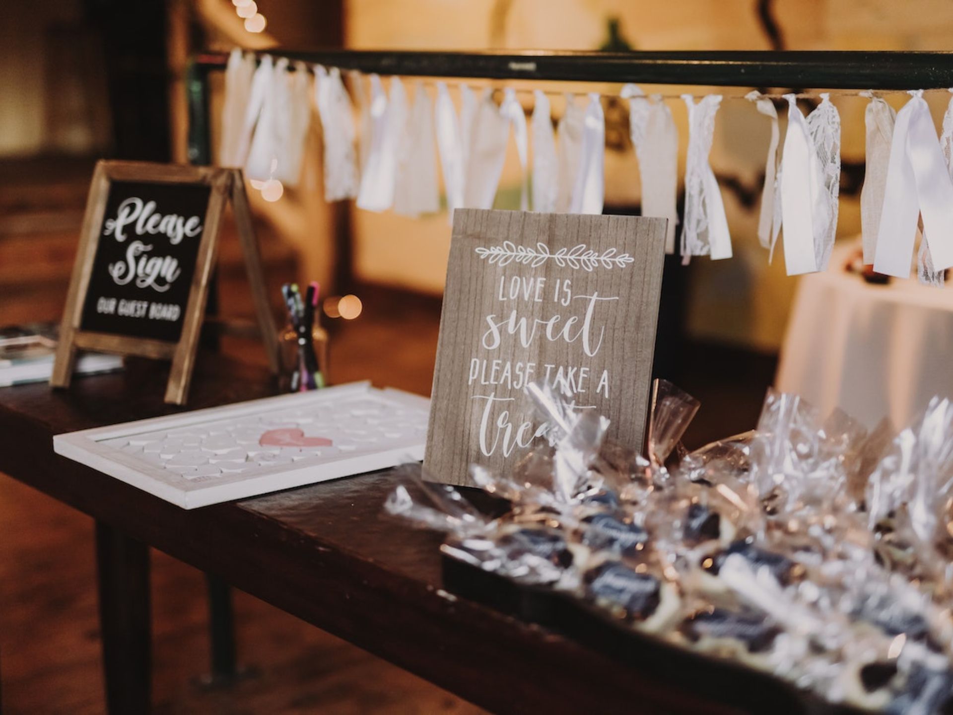 A table filled with wedding favors.