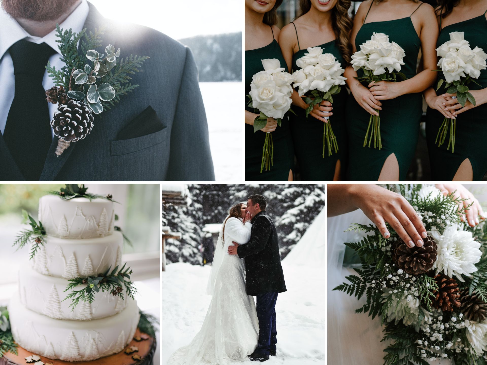 A photo collage with winter wedding color ideas.