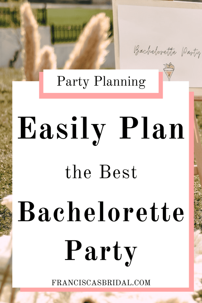 An outdoor venue hosting a bachelorette party with light wooden signs, white pillows, and blankets with text over the photo that says plan your bachelorette party.