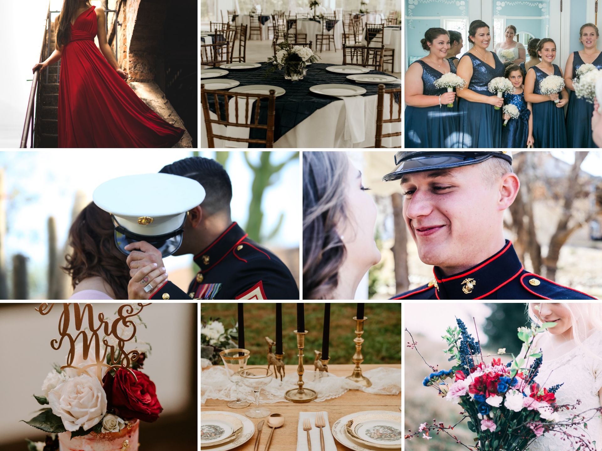 A photo collage with marine wedding color ideas.