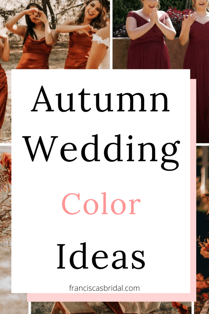Bridesmaid wearing burnt orange and red dresses with text over the photo that says burnt orange and red wedding color ideas.
