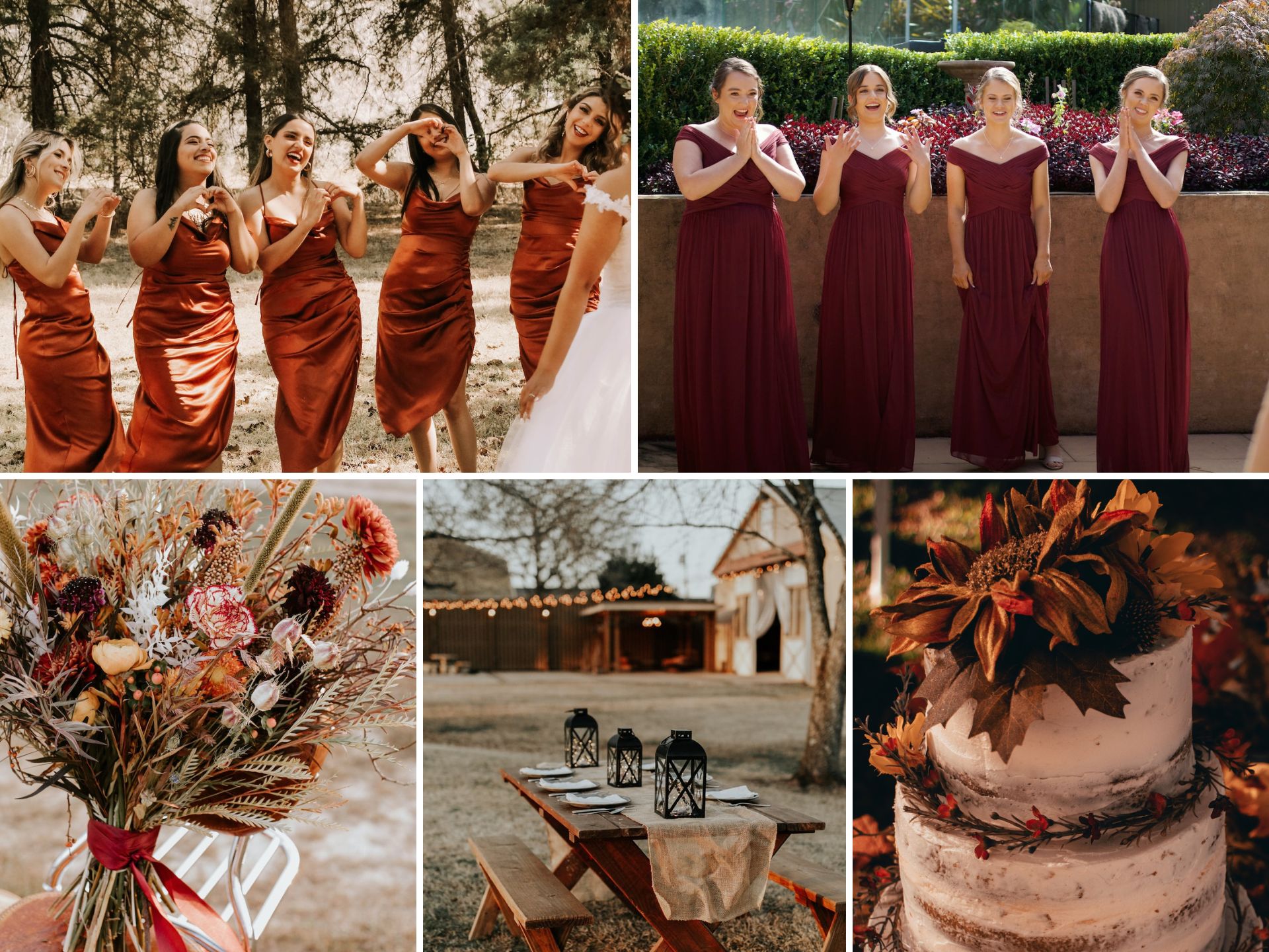 A photo collage with burnt orange and red wedding color ideas.