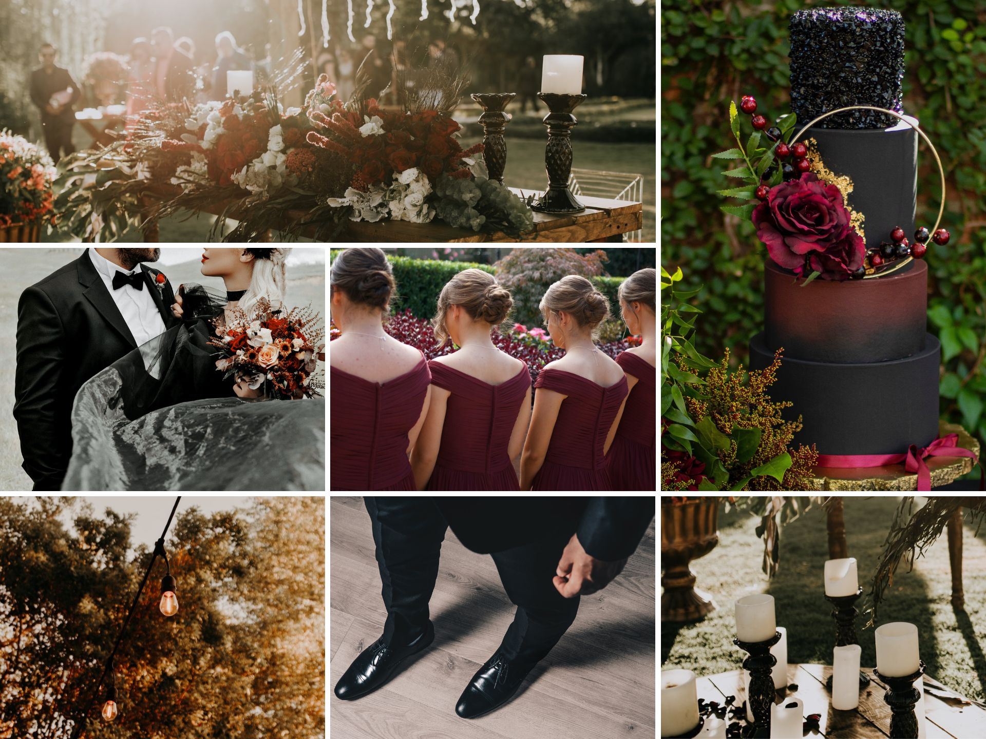 A photo collage with black and burgundy wedding color ideas.