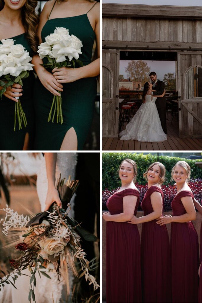 Bridesmaids wearing green and burgundy dresses.