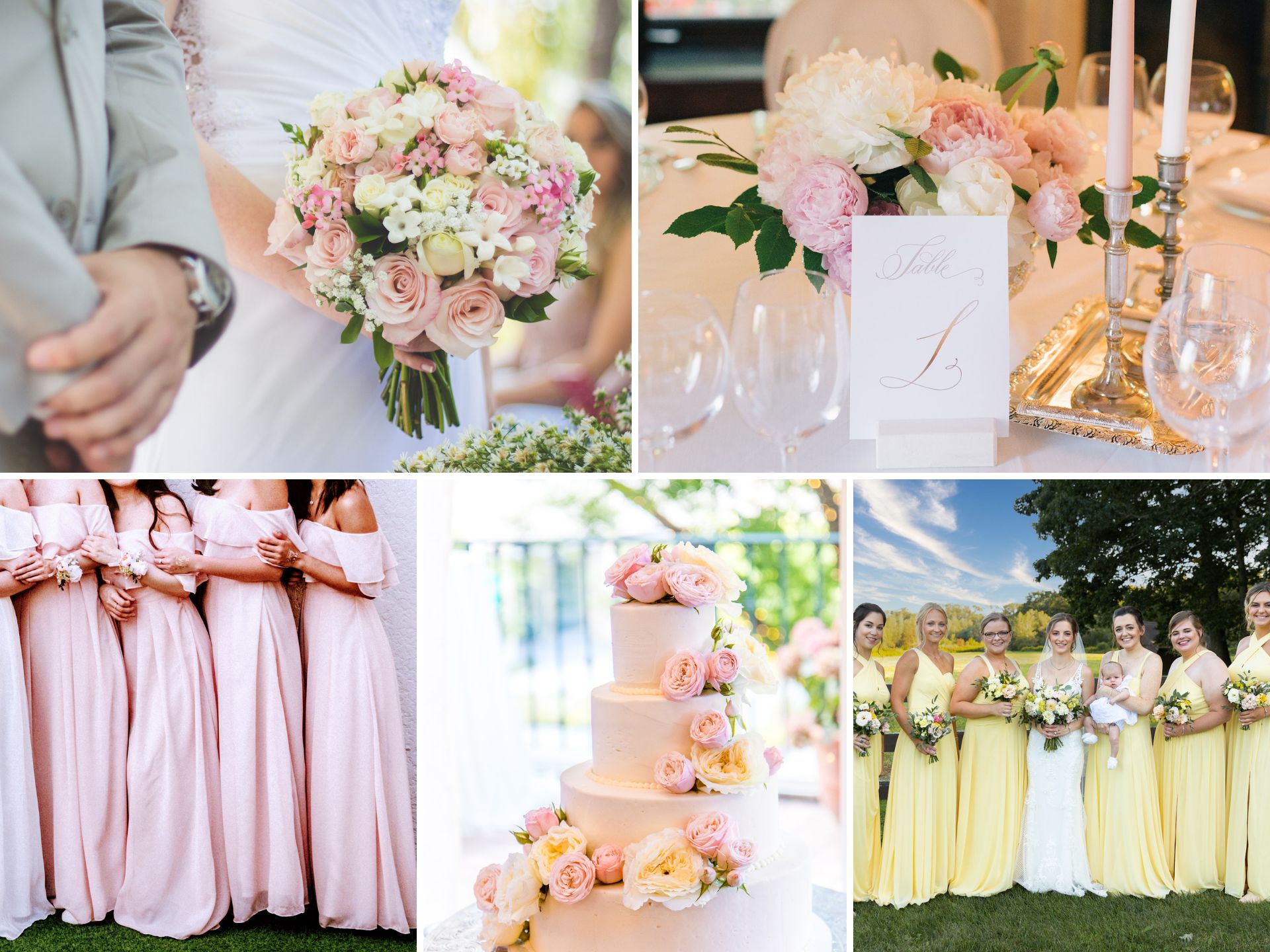 A photo collage with light pink and yellow wedding color ideas.
