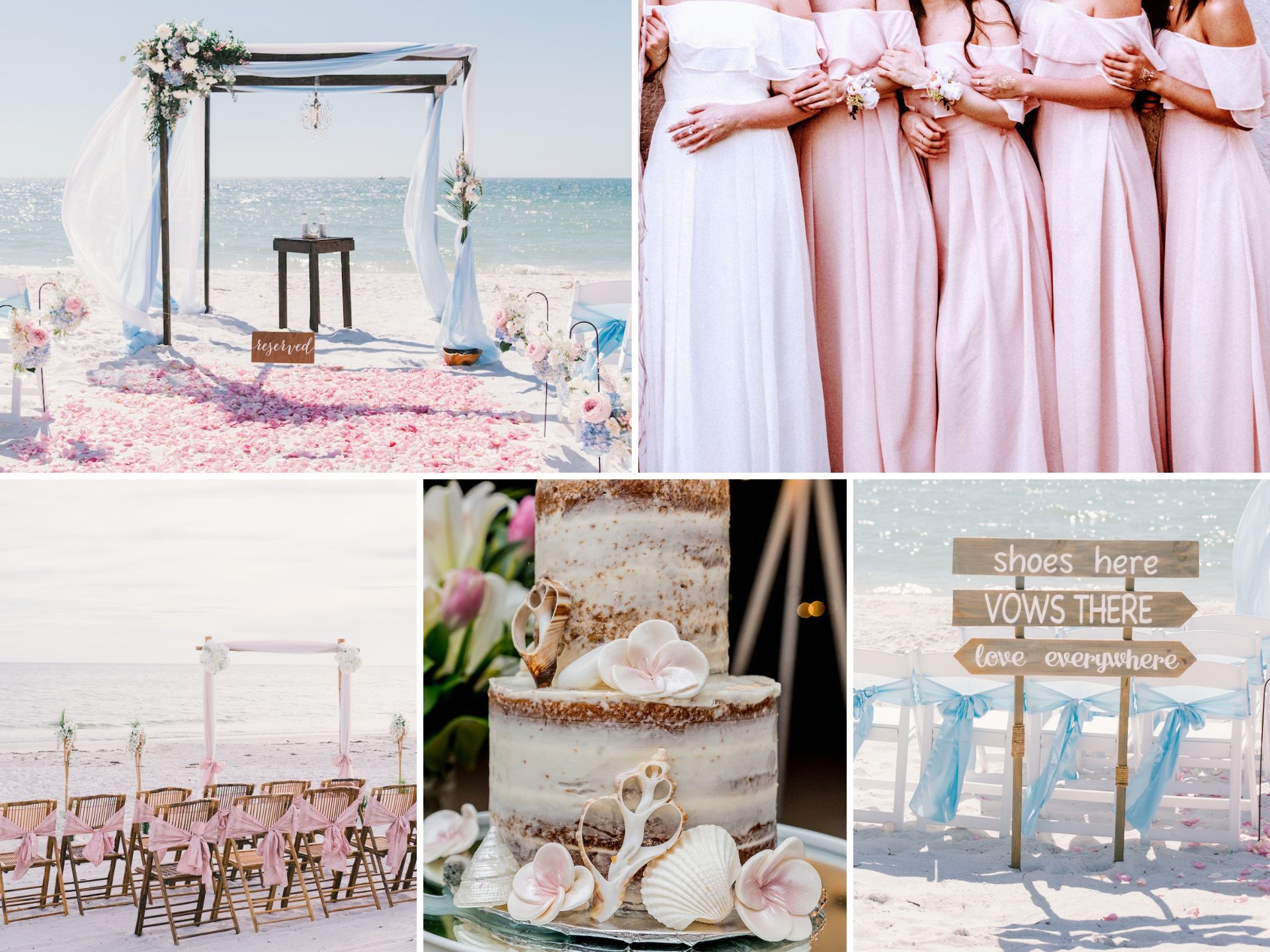 A photo collage with light blue and pink wedding color ideas.