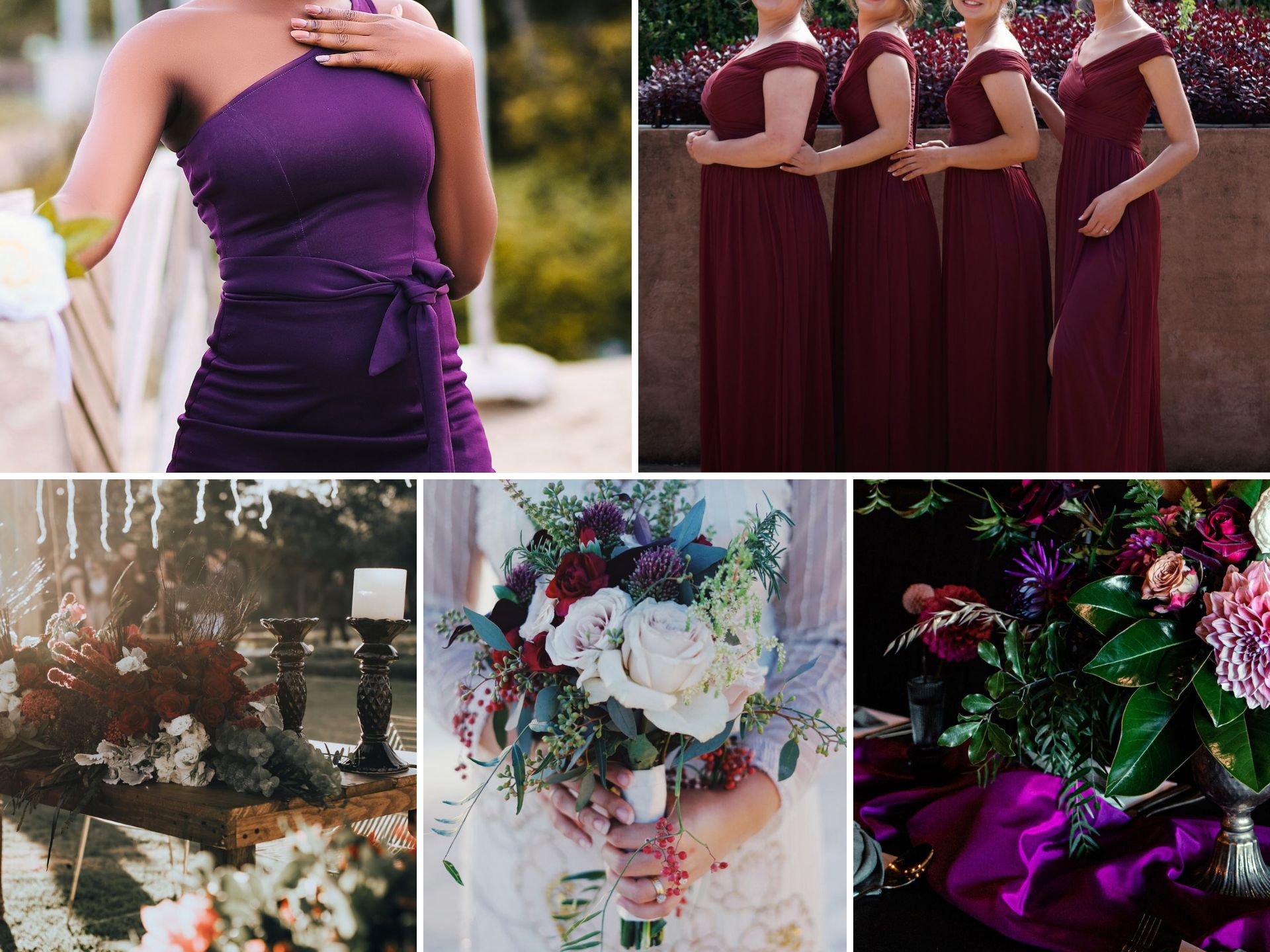 A photo collage with deep red and purple wedding color ideas.
