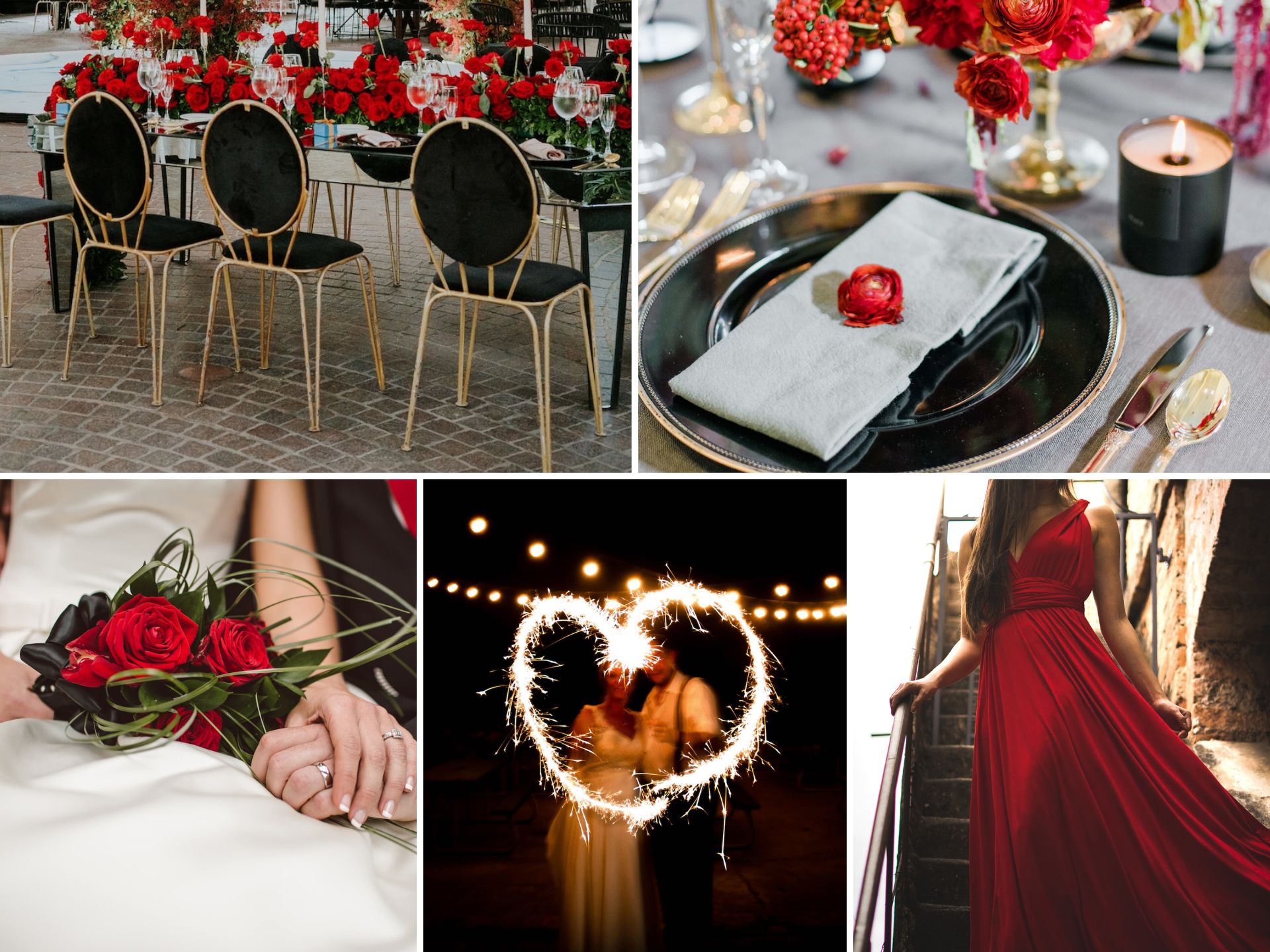 A photo collage with red and black wedding color ideas.