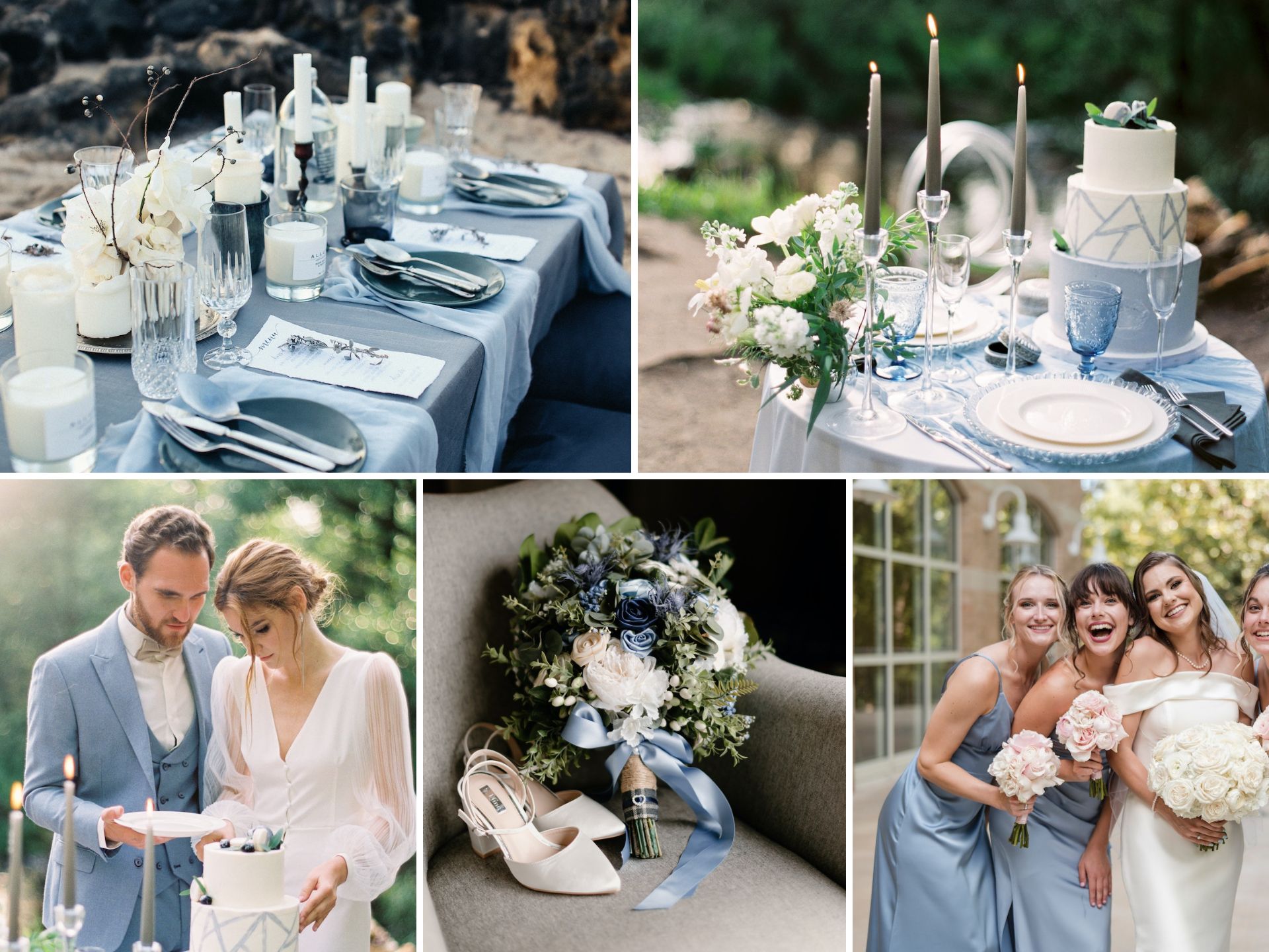 A photo collage with dusty blue and gray wedding color ideas.