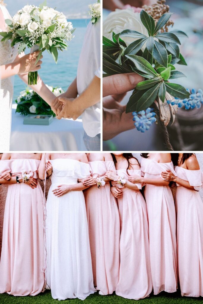 Bridesmaids wearing pink dresses.