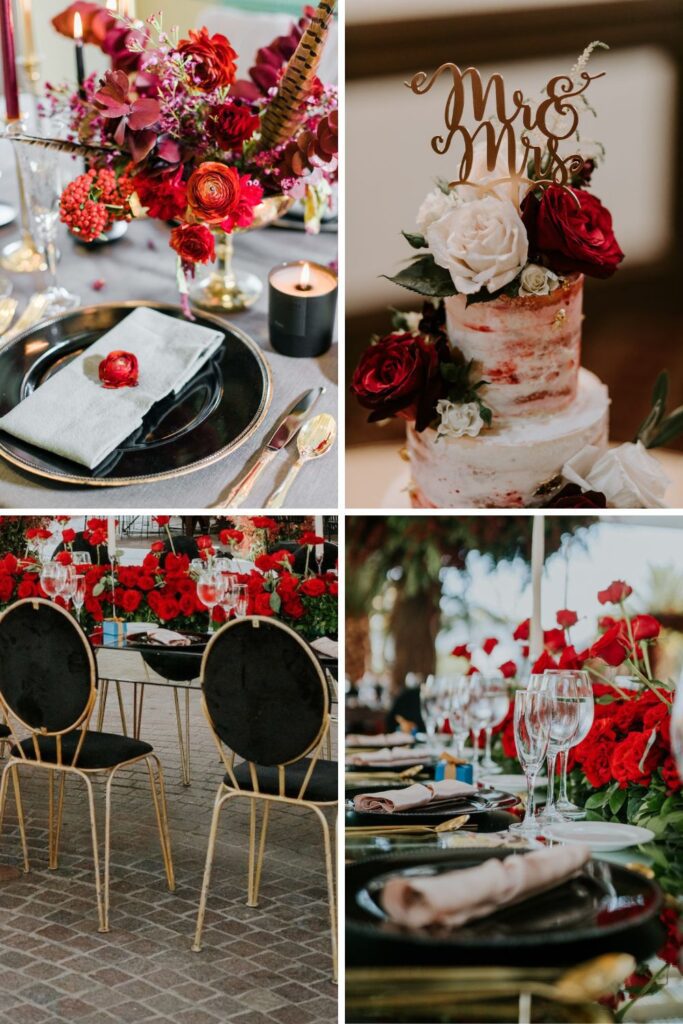 A white wedding table with black and gold plates and a red flower centerpiece.