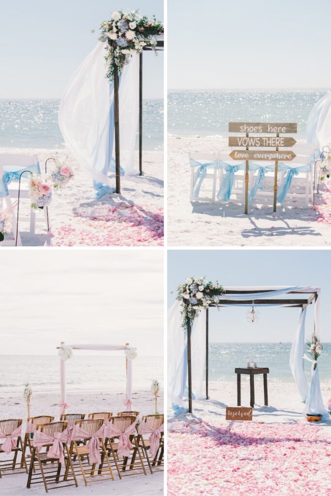 Blue sashes on wedding chairs next to a pink rose petal wedding aisle.