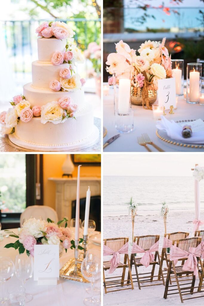 A wedding table with yellow and pink flower centerpieces.